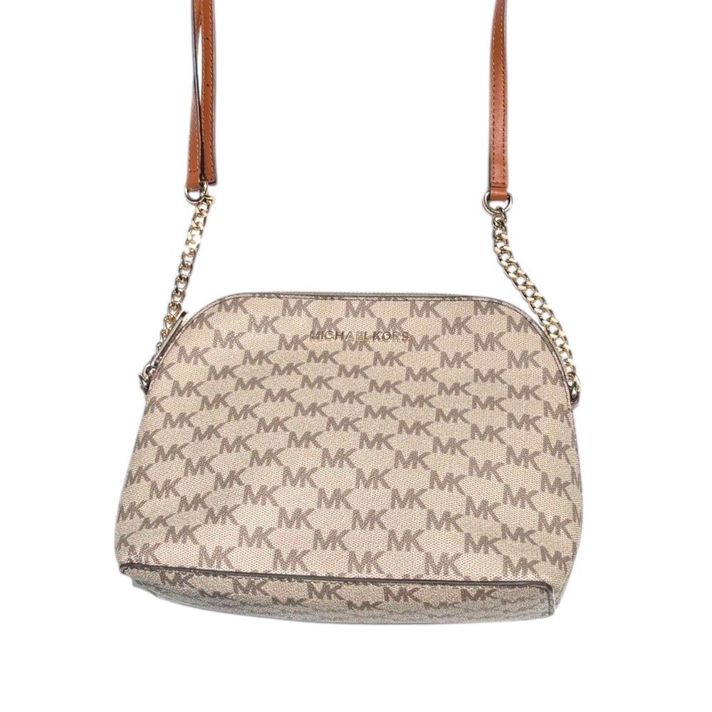 Michael Kors Cindy Dome Crossbody Bag MK Signature Natural Acorn Gold Large